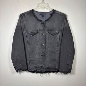 Lane Bryant Womens Frayed Raw Hem Denim Jacket Black Faded Stretch Size 22